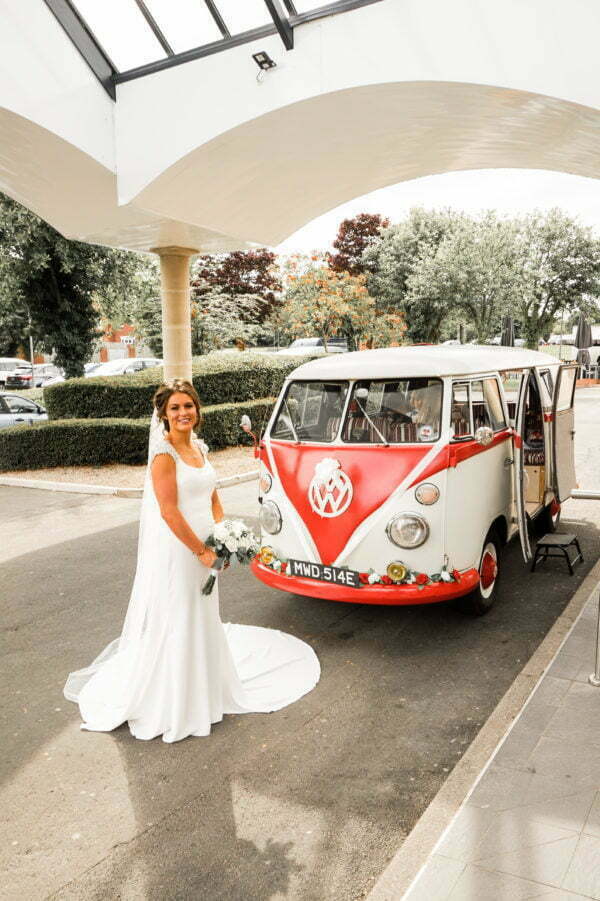 Bride in front Classic VW Campervan Wedding Transport at George Washington Hotel Newcastle North East