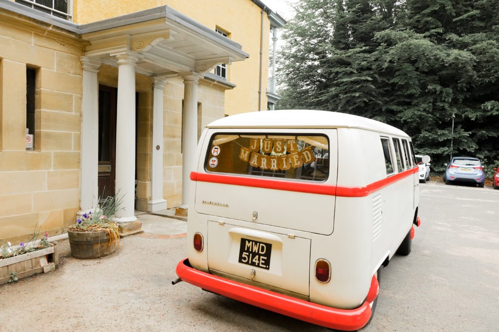 VW Camper Durham Registry Office Aykley Heads House back of vw split screen with just married sign