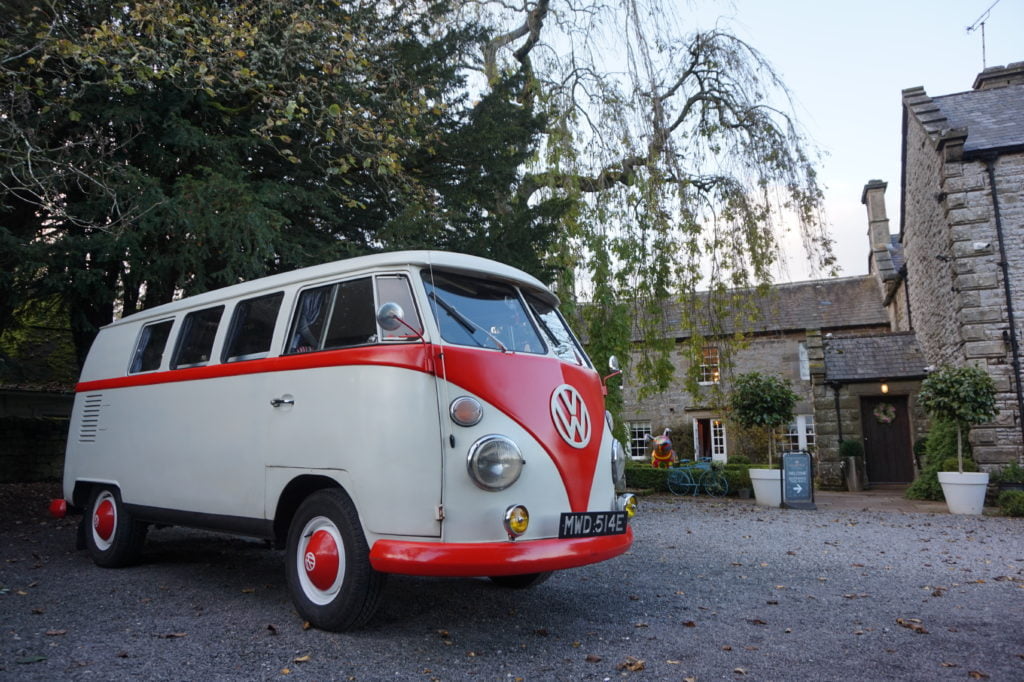 VW Campervan Hire Woodhill Hall vintage wedding car at Woodhill Hall
