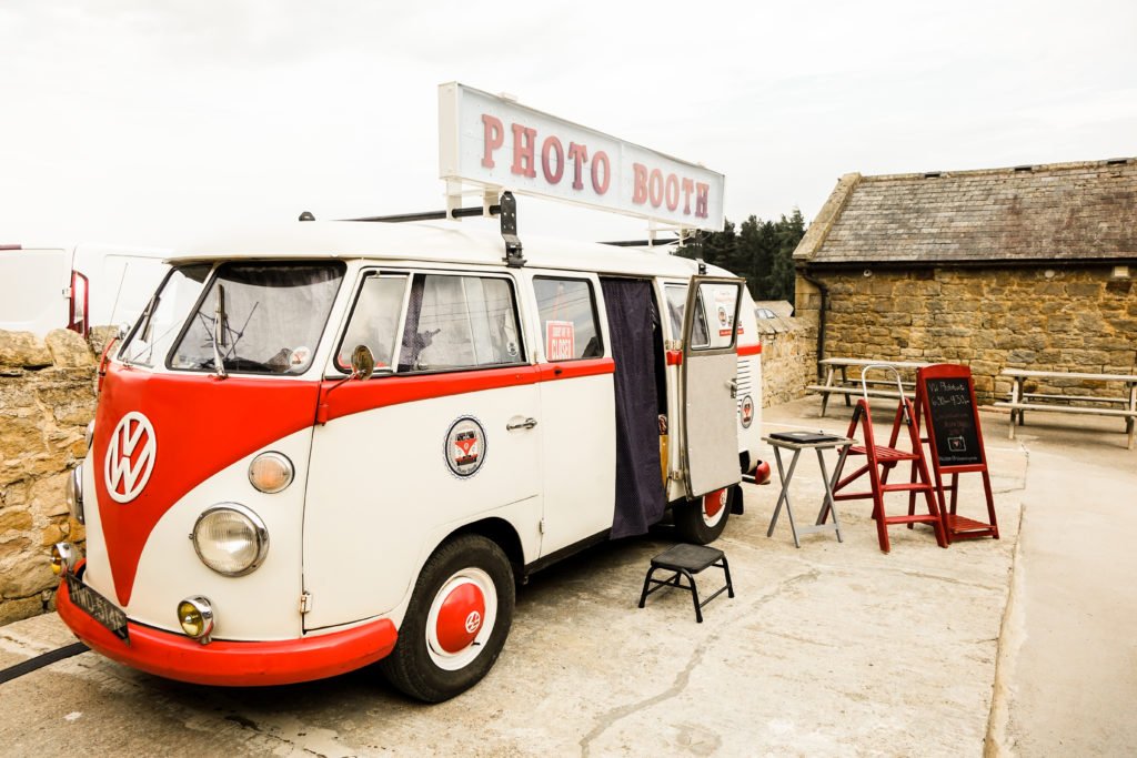 VW Photobooth Northside Farm Northumberland Countryside vintage VW photobooth in farm courtyard