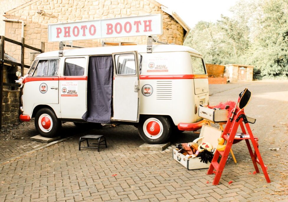 camper photo booth all set up with props