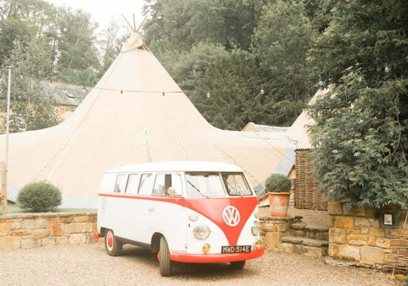 VW Camper Van in Front of Titp Wedding Brinkburn Priory Northumberland